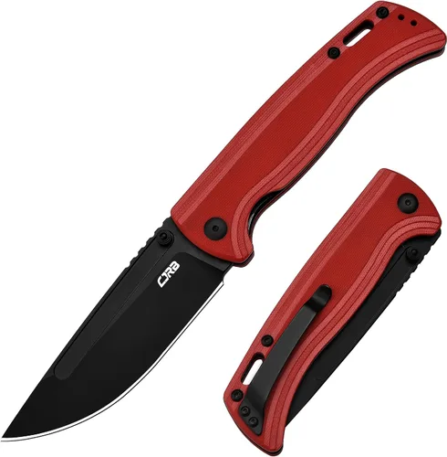 Vista 5 de CJRB CUTLERY Cuchillo de bolsillo Recurso (J1932) para pulgar, cuchillo plegable para hombre, hoja de acero PVD AR-RPM9 negro y mango rojo G10