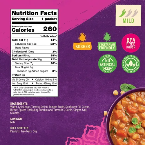 Vista 2 de Patak's Garbanzos con Mantequilla y Vegetales, 10.05 Oz (Paquete de 1) Curry Suave con Garbanzos, Espinaca, Zanahorias, Comidas Vegetarianas Listas