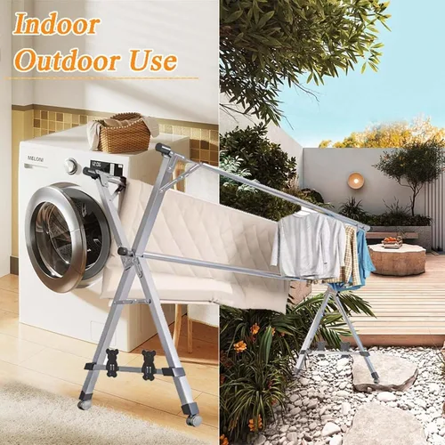 Vista 5 de Foldable Stainless Steel Clothes Drying Rack with Wheels, Adjustable Heavy Duty Laundry Rack for Indoor Outdoor Use(160cm/63in)
