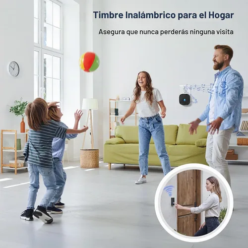 Vista 2 de Campanas de puerta inalámbricas para hogares, kits de timbre con 1 transmisor, 1 receptor, funcionamiento impermeable a un rango de 1000 pies, 48