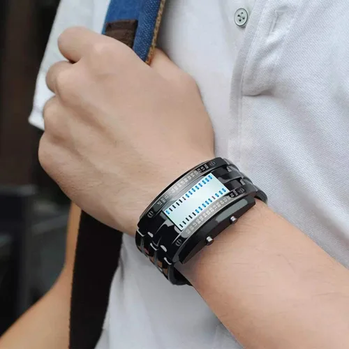 Vista 3 de FANMIS Reloj de pulsera rectangular de cuarzo de acero inoxidable con LED binario para hombre