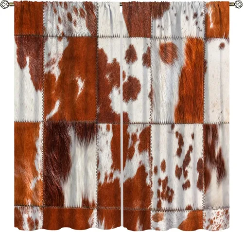 Vista 14 de YCness Cortinas de ventana de piel de vaca, estampado de vaca marrón, piel de animal de granja, cortinas opacas para ventana, diseño de vaquero