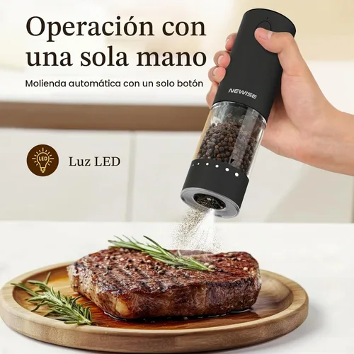 Vista 2 de Newise Juego de molinillo eléctrico de sal y pimienta, recargable con luz LED y ajuste de grosor externo, operación con una sola mano, regalos