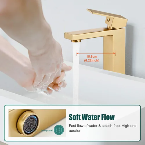 Vista 2 de Heyalan Grifo de lavabo para baño, grifo de lavabo de una sola manija, acero inoxidable SUS304, cuerpo alto, 1 agujero, mezclador de tocador