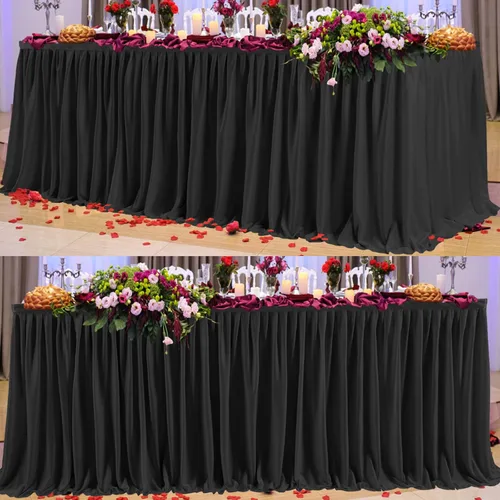 Vista 9 de PARTISKY Falda rectangular de poliéster negro, 6 x 72 pulgadas, resistente a las arrugas, con volantes plisados, perfecta para banquetes, bodas