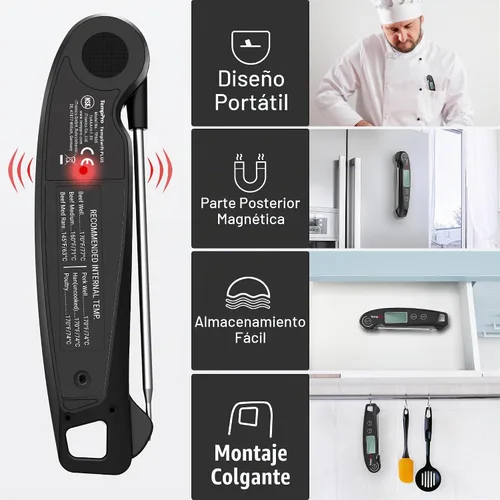 Vista 7 de ThermoPro TP605 Termómetro Digital de Lectura Instantánea para Carne para Cocinar, Termómetro de Alimentos Impermeable con Retroiluminación y Negro