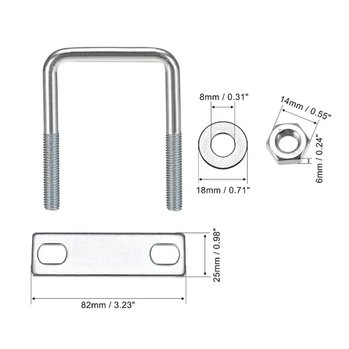 Vista 19 de uxcell Pernos cuadrados en U de 1 "(25 mm) de ancho interior de acero al carbono M8 con tuercas, placa de marco, arandelas redondas, juego de 4
