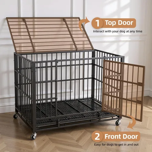Vista 5 de VOWNER Jaula para perros indestructible de 38 pulgadas, resistente a prueba de escapes, con 4 ruedas bloqueables, jaula para perros de alta ansiedad