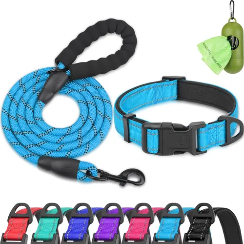 Vista 8 de Dynmeow - Juego de collar y correa reflectante para perro, correa de cuerda de escalada resistente de 6 pies con mango acolchado, collar ajustable