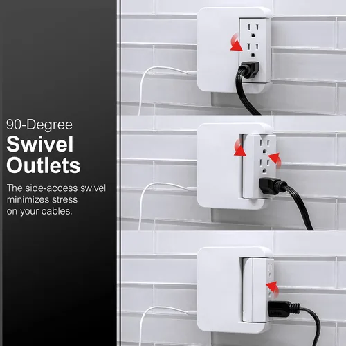 Vista 7 de GE Protector SurGE giratorio Pro de acceso lateral, extensor de 5 salidas con 2 puertos USB, adaptador de grifo de pared, estación de carga, 3