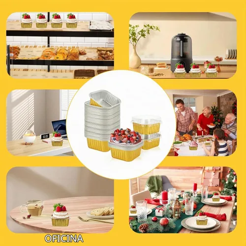 Vista 6 de Paquete de 100 mini moldes cuadrados para tartas con tapas, de papel de aluminio dorado de 5 onzas, recipientes individuales de postre