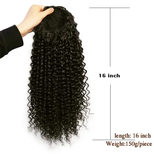 Vista 2 de Cola de caballo con cordón para mujeres negras, rizado de 16 pulgadas, extensiones de cola de caballo negro natural (1b)