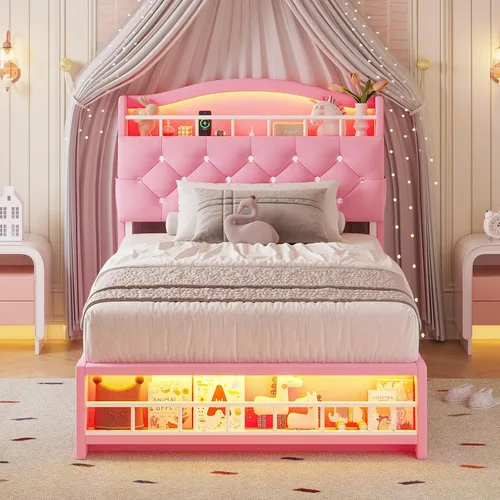 Vista 10 de HAUOMS Cama de princesa individual con luces LED y 4 cajones para niñas