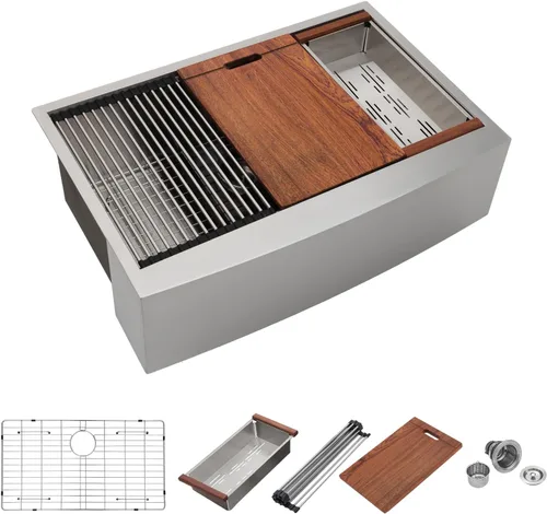 Vista 12 de Fregadero de Cocina Negro Estilo Granja - Mocoloo 33 Pulgadas Fregaderos Bajo Encimera Negro Metálico Acero Inoxidable Calibre 16 Delantal Un Solo