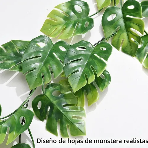 Vista 5 de Fielegen Guirnalda de 20 luces LED de hojas de Monstera, hojas de palmera tropicales artificiales, enredaderas verdes con luces, decoración