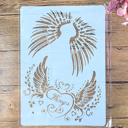 Vista 4 de TIAMECH Plantilla de alas reutilizables A4 para pintar, par de plantillas de capas de corazón de ala de ángel, arte de pared, muebles de madera