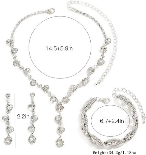 Vista 6 de HUASAI Juego de joyas de boda de plata para novias con circonita cúbica brillante, juego de joyas de graduación, disfraces, joyería formal, aretes