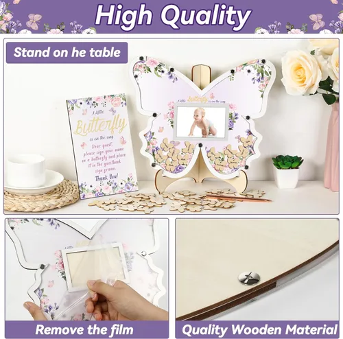 Vista 3 de 64 piezas de decoración de mariposa para baby shower, libros de invitados alternativas para baby shower de niña, letrero de madera para baby shower