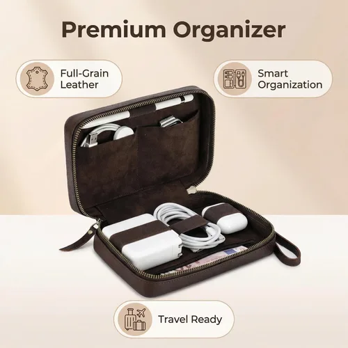 Vista 2 de Caja de almacenamiento de accesorios electrónicos de cuero de grano completo, bolsa organizadora de cables de viaje, estuche enrollable