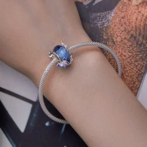 Vista 2 de Abalorios de cristal de Murano genuino para pulseras de plata de ley 925 original núcleo azul burbujas rosas abalorios para pulseras Pandora