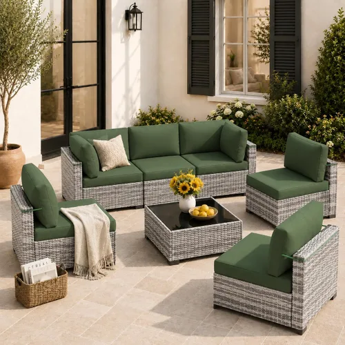 Vista 21 de Juego de 7 muebles de patio al aire libre, sofá seccional al aire libre, muebles de mimbre para patio, juego de conversación de patio con mesa