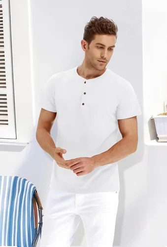 Vista 4 de PEGENO Camisetas de algodón de manga corta con solapa frontal casual para hombre