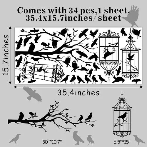 Vista 5 de Calcomanías de pared de ramas de árbol de Halloween, cuervo negro, pájaro, pájaro, pelar y pegar, calcomanías de cuervo para jaula de pájaro, Jaula