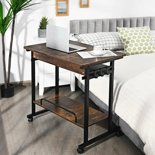 Vista 2 de Escritorio para computadora, mesa de estudio, escritorio de PC marrón rústico, carrito extraíble para laptop, estación de trabajo con bandeja