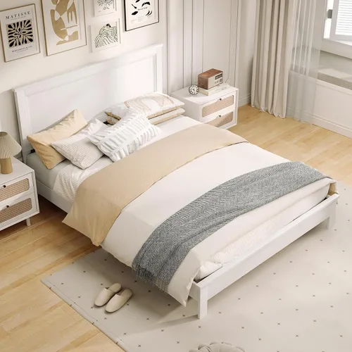 Vista 17 de KOMFOTT Armazón de Cama de Plataforma de Madera Tamaño Twin con Cabecero, Cama de Plataforma de Madera de Mediados del Siglo con Soporte de Listones