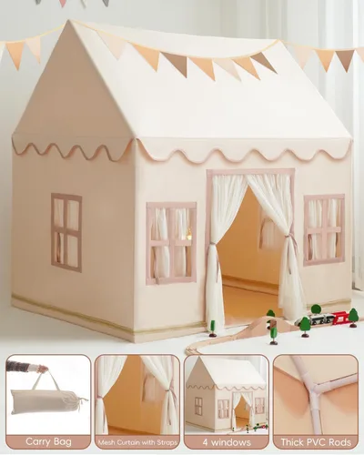 Vista 4 de Tienda de campaña grande para niños con luces de estrellas, banderas y bolsas de mano, tienda de campaña para niños en interiores y exteriores