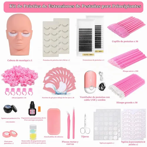 Vista 3 de Kit de extensión de pestañas para principiantes, kit profesional de extensión de pestañas con todo: cabeza de maniquí de pestañas, pestañas Kit
