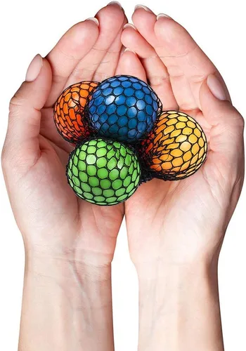 Vista 7 de ArtCreativity Pelotas antiestrés de malla de 1.75 pulgadas para niños, paquete de 24, juguetes para apretar en varios colores para aliviar