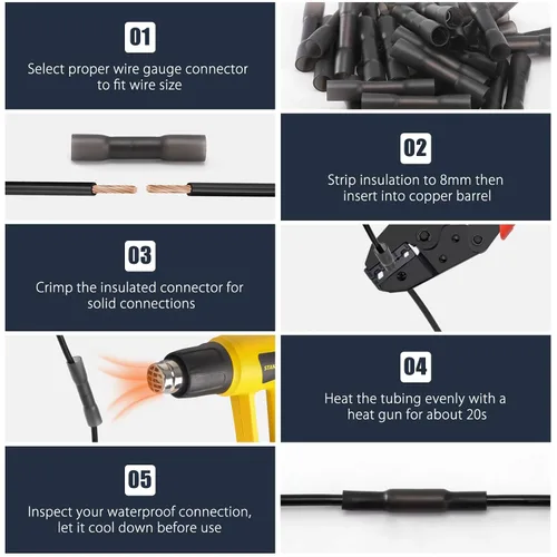 Vista 5 de 50 conectores de cable a tope termorretráctiles, 50 unidades de 14-12 AWG con aislamiento negro, impermeables, conectores de cable eléctrico