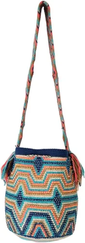 Vista 4 de Mochila Wayuu colombiana 100% auténtica, hecha a mano, producto artesanal, bolsa de viaje cruzada, diseño único, estilos multicolor..