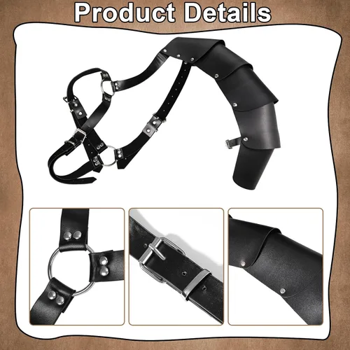 Vista 2 de Conjunto de caballero renacentista medieval, chal de cuero con cinturón, capa de medio hombro, bufanda, brazaletes y alfileres con hebilla