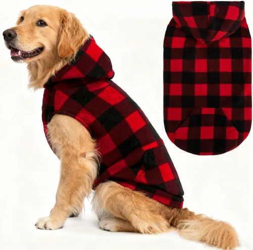 Vista 18 de EXPAWLORER - Sudadera de forro polar con capucha para perros, chaleco de suéter a cuadros para mascotas, ropa de otoño e invierno con anillo