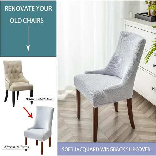 Vista 44 de Paquete de 2 fundas para silla lateral con respaldo de ala, fundas elásticas para sillas con respaldo geométrico rómbico, fundas para silla