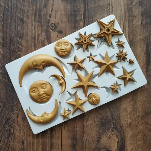 Vista 3 de Moon Stars Sun Face Molde de silicona para fondant, caramelo de chocolate, pasta de goma, herramienta de decoración de pasteles, herramientas