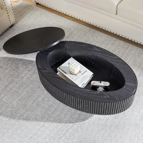 Vista 5 de Janmer Home Mesa de Centro Ovalada con Almacenamiento Oculto, Mesa de Centro Moderna de 31.5 Pulgadas de Ancho, Mesa Central con Chapa Acanalada
