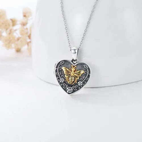 Vista 2 de MBSUUH Collar de plata de ley con medallón de fotos personalizado de mariposa, abeja, cerradura y llave, con imagen antigua, para mujer
