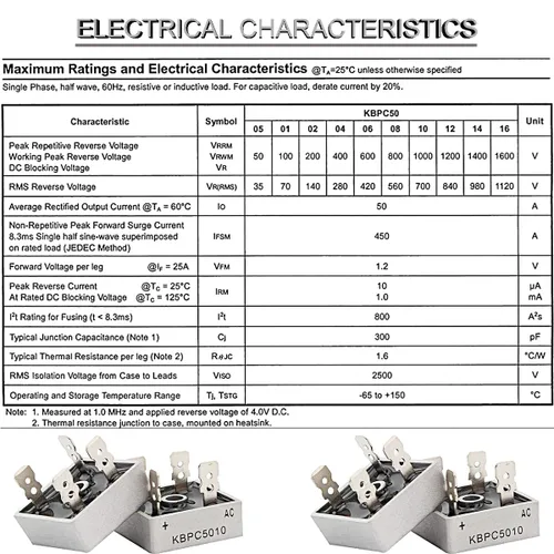 Vista 5 de 11 unids KBPC5010 puente rectificador diodo 50A 1000 V alta potencia rectificador diodo monofásico onda completa carcasa de metal 4 pines a través