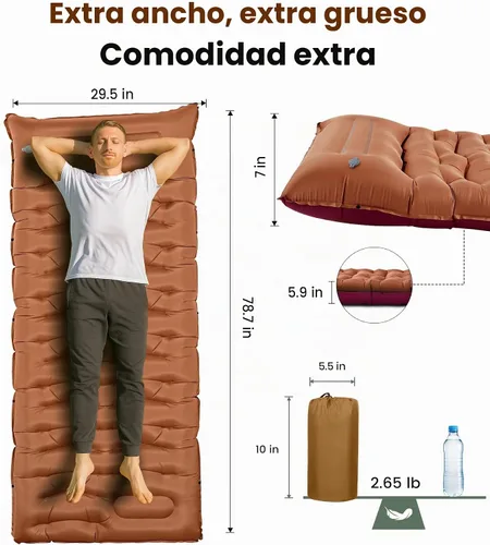 Vista 5 de Colchoneta de dormir para campamento, de 5.9 pulgadas de grosor, con almohada integrada y bomba de pie, almohadilla de dormir autoinflable
