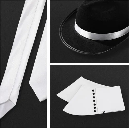 Vista 6 de Halloween 1920s hombres gángster Cosplay conjunto chaleco accesorios gángster sombrero pajarita brazaletes bolsillo reloj spats cigarro