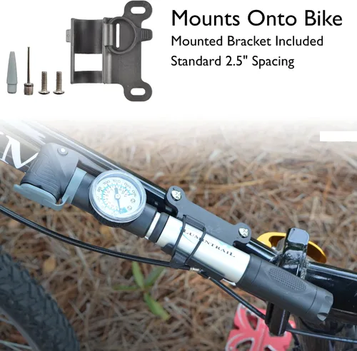 Vista 8 de Lumintrail Mini bomba de bicicleta portátil para válvulas Presta y Schrader - Bomba de aire para neumáticos de bicicleta con manómetro - Bola