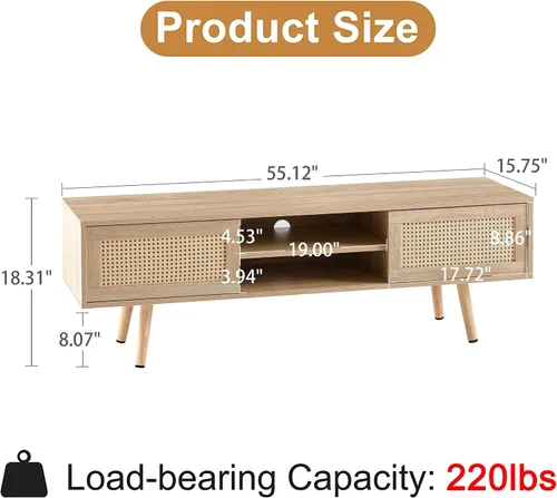 Vista 6 de Soporte de TV moderno de mediados de siglo para sala de estar con almacenamiento, consola rectangular de 55.12 pulgadas para televisores de hasta 60