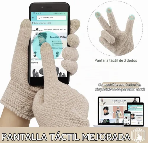 Vista 3 de FZ FANTASTIC ZONE Guantes de invierno con pantalla táctil para mujer para clima frío, guantes de punto cálidos de chenilla Beige
