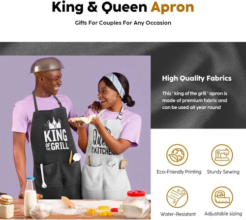 Vista 2 de Juego de delantales King & Queen, delantales de cocina a juego para parejas con bolsillos profundos y costuras reforzadas, equipo de cocina