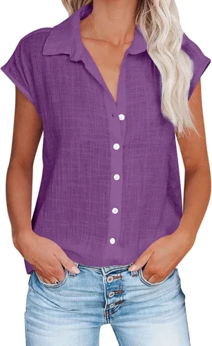 Vista 77 de Ceboyel Camisas para mujer de moda de verano, algodón, lino, manga corta, cuello con botones, blusa casual para mujer 2023