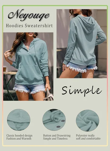 Vista 17 de NEYOUQE Sudaderas de moda para mujer, para otoño e invierno, con botones de un cuarto, sudaderas casuales de moda con cuello redondo