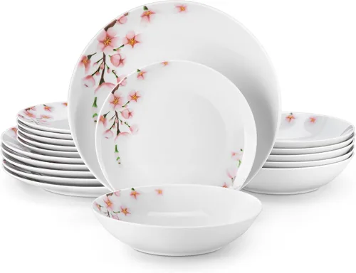 Vista 12 de VEWEET juego de vajilla de porcelana para 4, juego de 12 piezas con platos y cuencos con diseño floral rosa, juego de platos para la cocina ideal
